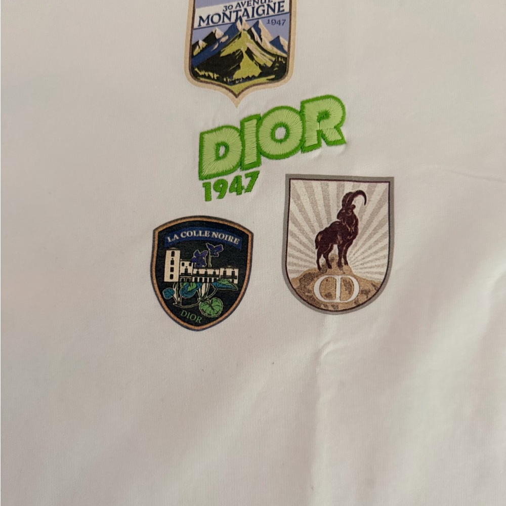 Dior White Tee with Neon Green 'DIOR 1947' Patch and Crest Motifs